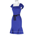 Grace Karin Damen-Kappen-Hülsen-quadratischer Ansatz Hüften-eingewickelte Meerjungfrau Bodycon Frauen-blaues Kleid mit schwarzem Gürtel CL010450-2